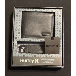 Men's Wallet BLACK FAUX LEATHER HURLEY Bifold Key Chain Bottle Opener Gift Set